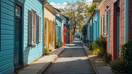 Fototapeta premium Colorful residential alley in a vibrant neighborhood during a sunny day