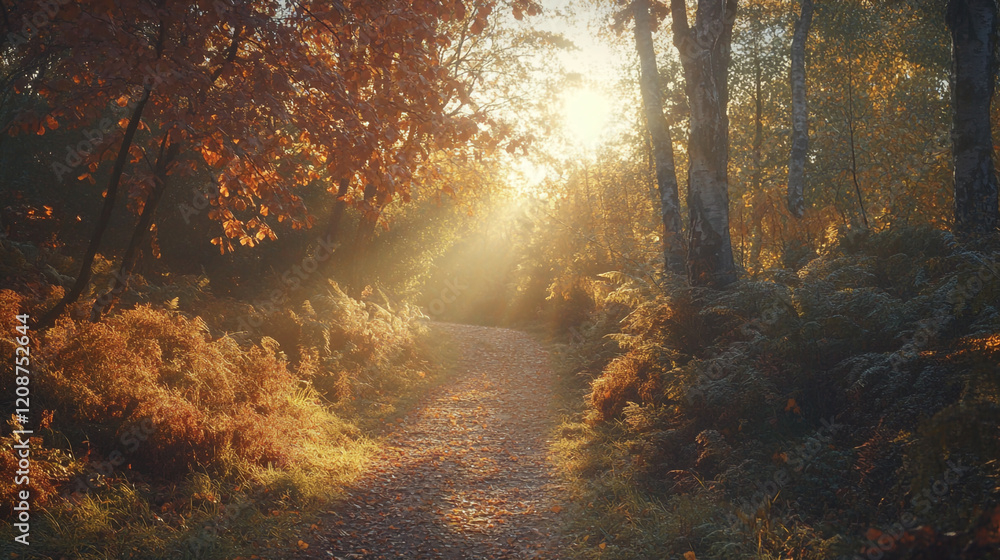 Poster sunlight filtering through trees on a tranquil autumn pathway in a forest