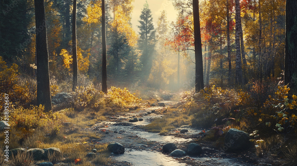 Poster serene autumn forest with sun rays shining through trees along a winding path