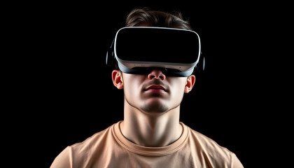 Immerse in the future with a stylish man wearing VR goggles in a sleek and tech-inspired setting