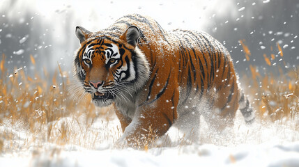 Obraz premium A tiger walks through a snowy scene