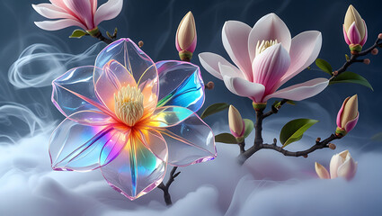 Fototapeta premium beautiful light spectrum magnolia flowers, created by generative ai