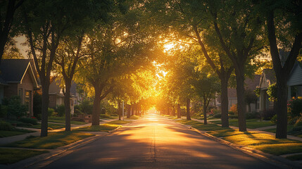 Sunset casting golden light down a tranquil neighborhood street lined with trees