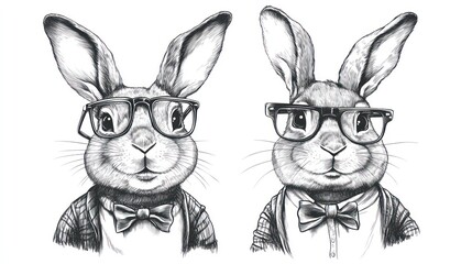 A pair of rabbits or bunnies with clothes and glasse. Animalism. Anthopomorphic creature. Imitation sketch print in black and white coloring. Illustration for design