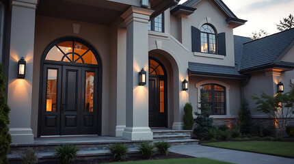 Obraz premium Luxury Home Exterior at Dusk: Modern Architecture, Elegant Design, and Landscaping