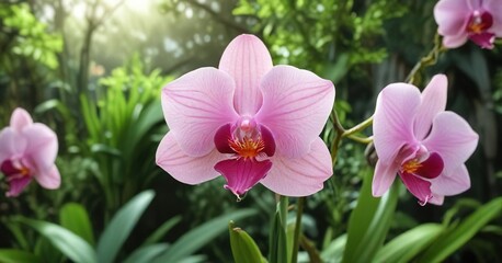 Fototapeta premium A delicate pink orchid blooms in a lush green garden, tropical plant, greenery