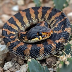 Fototapeta premium Coiled snake, black, orange, desert cactus.