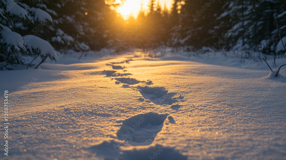 Poster snow-covered path at sunset in a tranquil forest setting