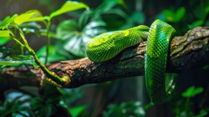 Bright green snake coiled on a tree branch, AI generated image