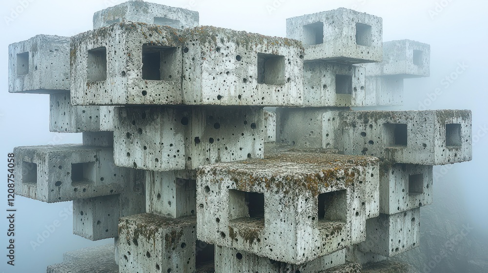 Poster mysterious concrete structure in fog: a study in geometric abstraction