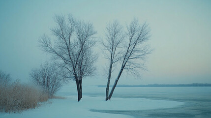 Frost-covered trees beside a frozen lake at dawn during winter in a serene landscape