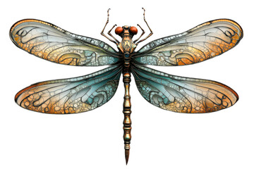 Detailed view of a colorful dragonfly with intricate wing patterns in natural light isolated on transparent background