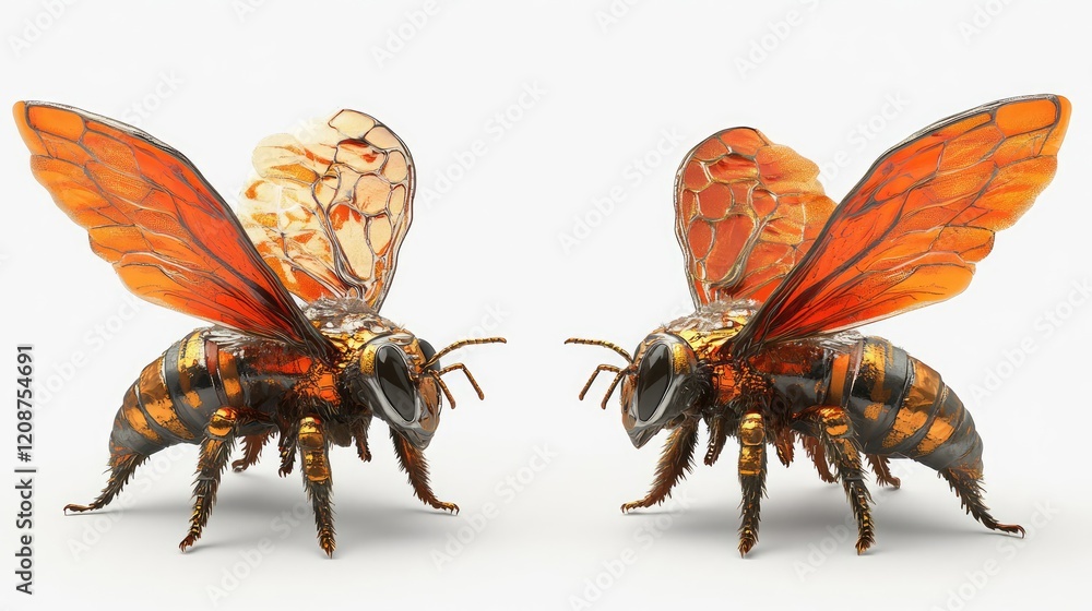 Poster realistic bee with open wings on a white background generative ai