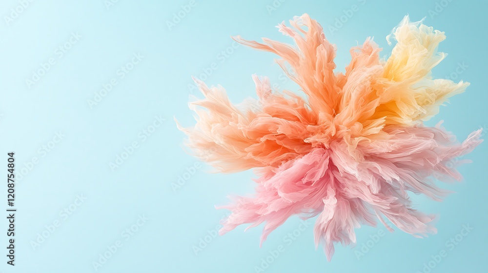 Poster dynamic abstract background with pastel color feathers in soft blue environment