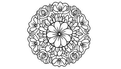A detailed black-and-white floral mandala illustration featuring various flowers and leaves intricately intertwined, designed for coloring pages.