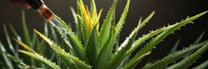 Fototapeta premium aloe vera plant with leaves and yellow sap being injected with syringe, natural, syringe, leaf