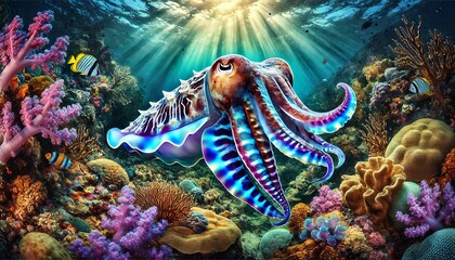 Obraz premium Vibrant Squid Swimming Through Coral Reef