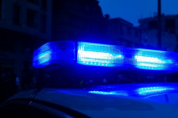 Police Car Roof Light Glowing Blue © Wirestock