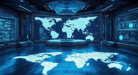 Obraz premium Futuristic Global Network Command Center A High-Tech Visualization of Interconnected Data Systems.