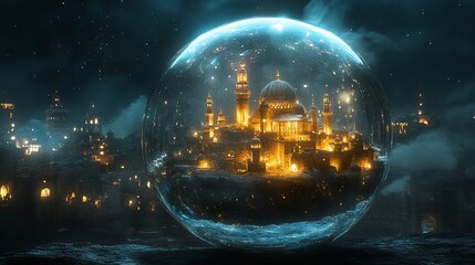 Night city, snow globe, mosque, fantasy, winter, magical, artwork, cover art