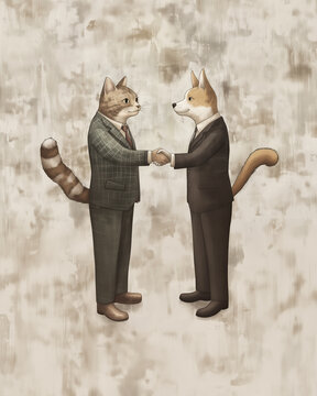 Cat and Dog in Business Suits Shaking Hands
