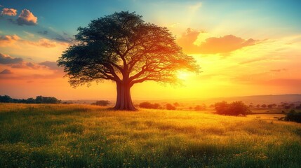 Fototapeta premium Sunset Meadow Tree Landscape, Golden Hour