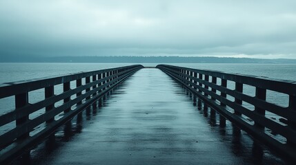 Fototapeta premium A long bridge with railings leads to the horizon, under an overcast sky.