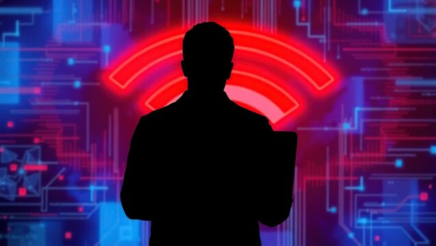 Silhouette Of Person Holding Laptop Against Wifi Symbol Background
