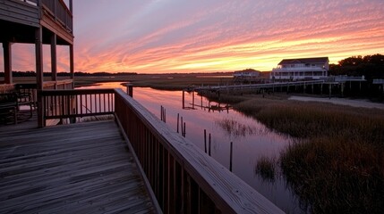 Obraz premium Coastal sunset view from deck, houses on stilts, tranquil marsh. Use Vacation rental advertising