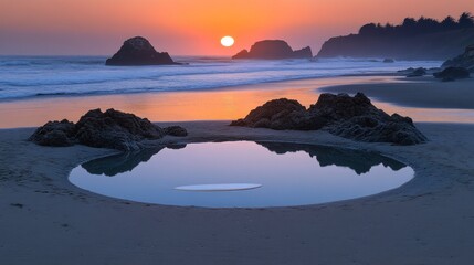 Obraz premium Sunset ocean tide pool surfboard reflections