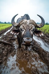 Naklejka premium Muddy water buffalo in rice paddy.