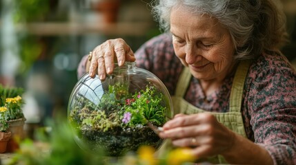 Elderly woman carefully arranges plants in a glass terrarium. This image depicts the peaceful hobby of creating miniature gardens, ideal for blogs about gardening or retirement.