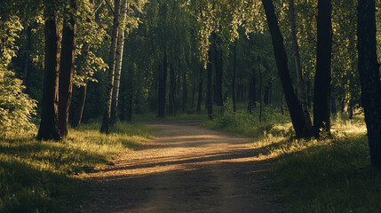 Obraz premium Serene forest pathway illuminated by golden sunlight during late afternoon stroll