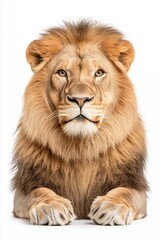 Obraz premium Majestic Lion Portrait with Intense Expression on White Background