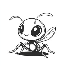 Black and white line art illustration of an ant, a simple vector graphic on a solid background