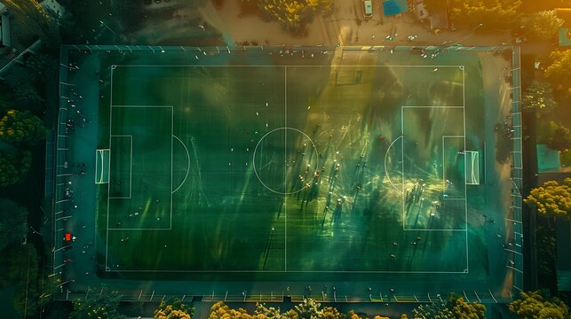 Aerial Top Down View of Soccer Football Field and Two Professional Teams Playing. Passing, Dribbling, Attacking. Football Tournament Match, International Championship. Flyover Whole Stadium Shot.