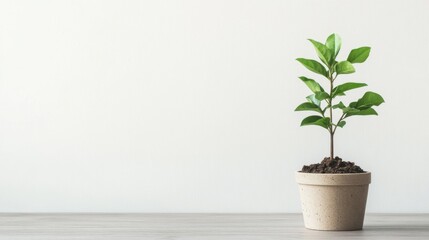 Small green plant in a pot on a wooden surface against a white wall.