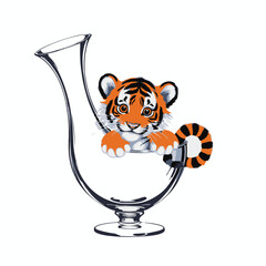A playful cartoon tiger cub, striped orange and black, playfully peers from a glass vase, a symbol of wild feline energy in art