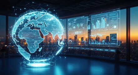 Futuristic World Data Connectivity Digital Globe with Global Analytics and High-Tech Cityscape.