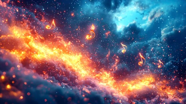 Magical glowing fire with floating music notes in a vibrant starry sky. Seamless looping 4k time-lapse animation video background