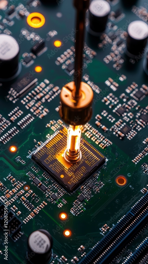 Poster Microchip Installation  High Tech Circuit Board Closeup