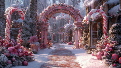 Fototapeta premium Enchanting snowy pathway with pink candy cane arches and frosty trees