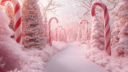 Candy cane path through a magical pink winter wonderland with decorated trees