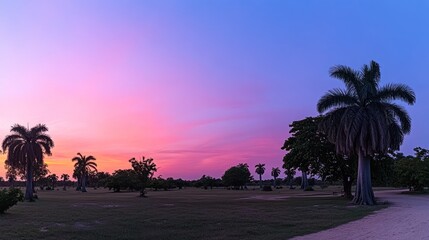 Obraz premium Sunset over Cuban palm grove, pastel sky, peaceful landscape, travel poster
