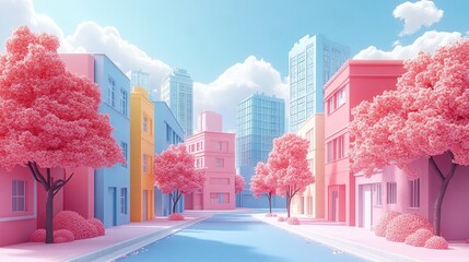 Charming 3D Rendering of a Pastel-Colored City Street with Pink and Blue Buildings and Trees, Isometric Perspective, Minimalistic Cartoonish Design