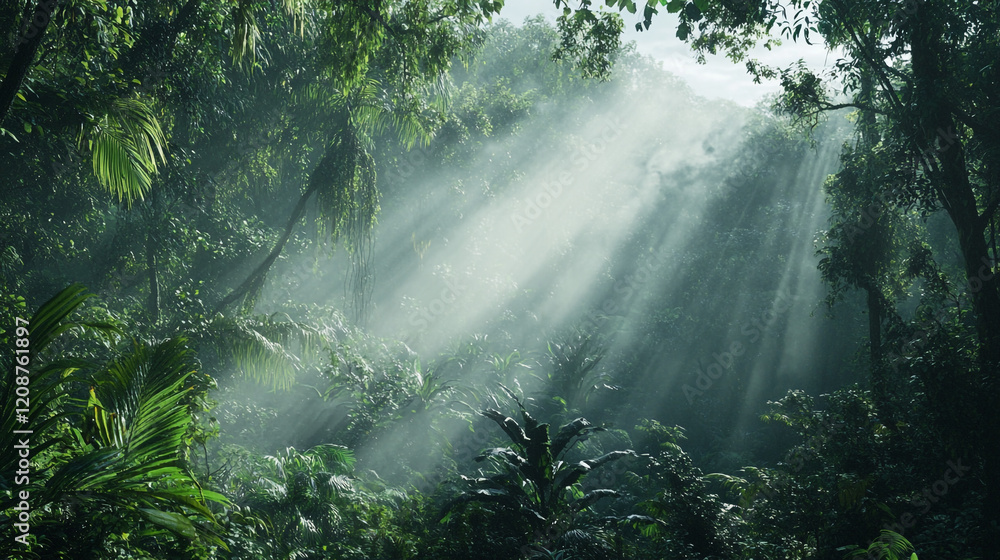 Poster light streams through dense forest canopy in a tranquil jungle setting
