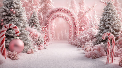 Whimsical pink candy cane forest with snow-covered path and twinkling Christmas trees