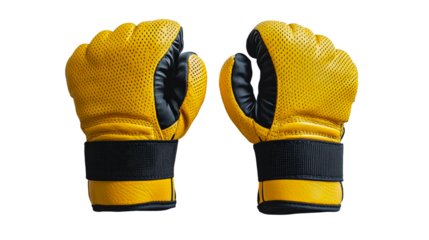 Bright yellow boxing gloves designed for training and competition in martial arts isolated on transparent background