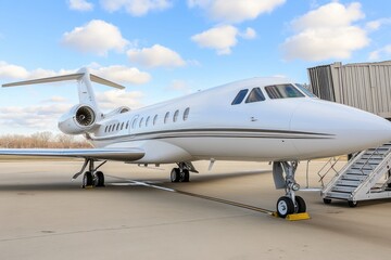 Obraz premium Sleek Luxury Private Jet on Tarmac with Blue Sky and Clouds in Background Ready for Takeoff in Spacious Airport Environment