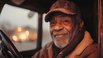 Smiling senior man in a car, wearing a cap. Perfect for themes of experience, travel, or retirement.